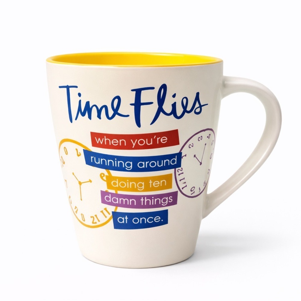 Funny Time Flies Coffee Mug Multitasking Quote Yellow Interior Ceramic Cup